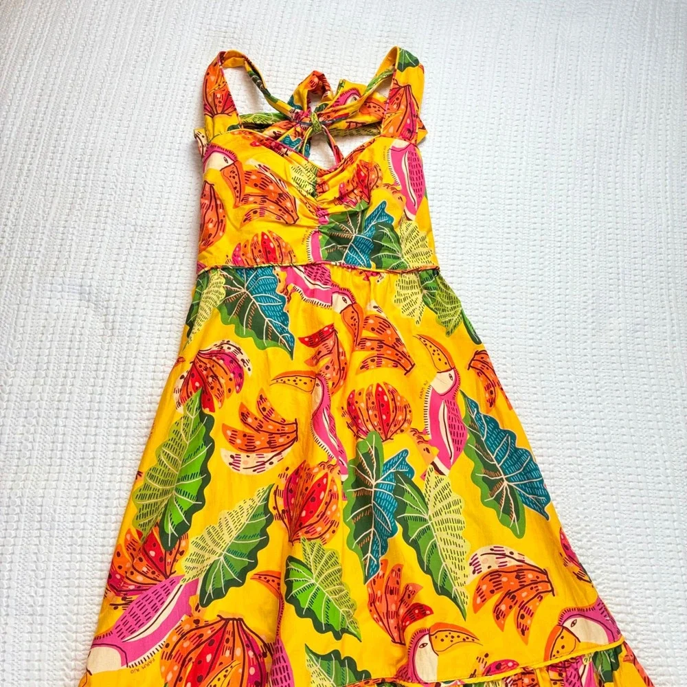 Farm Rio Yellow Tropical Toucan Banana Print Tiered Tie Back Maxi Dress Cotton